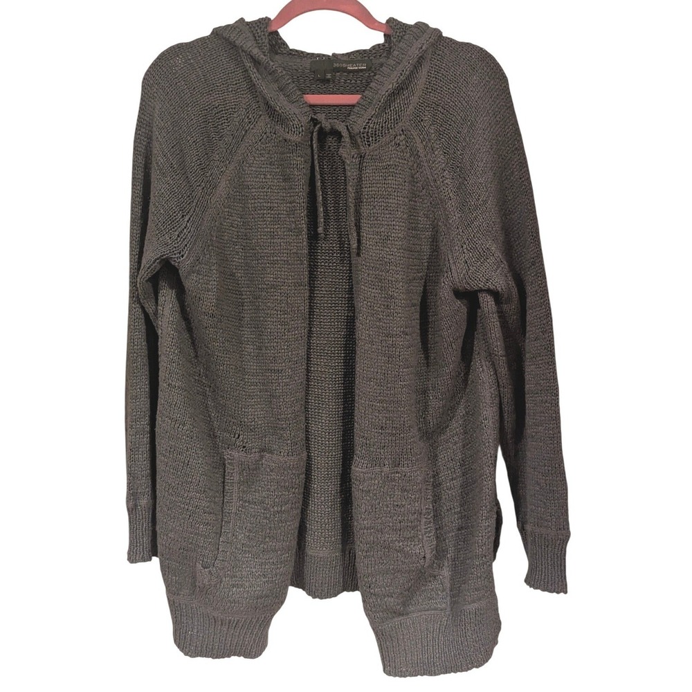 360Sweater Womens Gray Italian Yarn Hooded Open‎ Front Cardigan Sweater Large L
